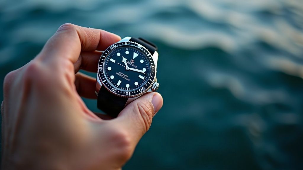 Checking a watch's water resistance rating before swimming